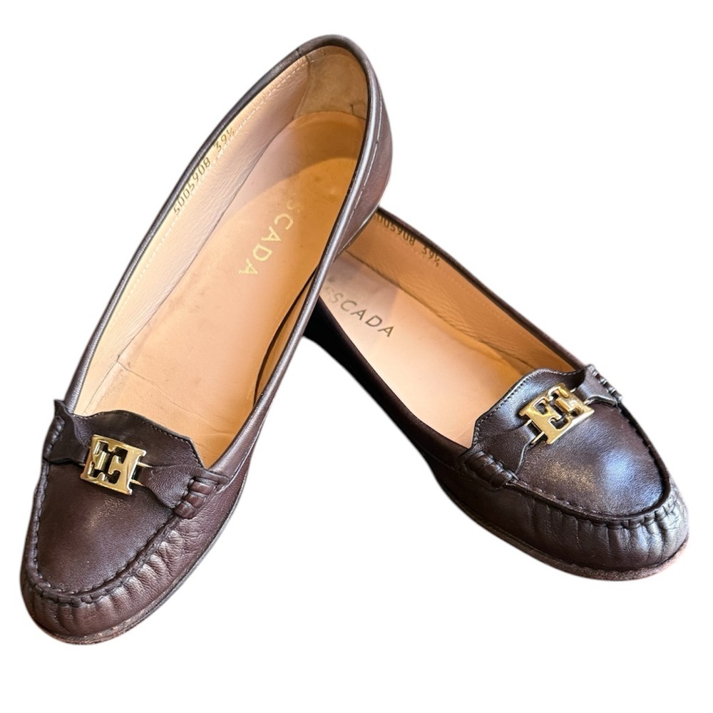 Escada Brown Leather Loafer Flats with Gold Logo Size 39.5/9.5 MSRP $395